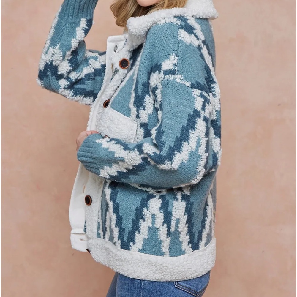 #5 LAST 1! Blue cream Tribal Aztec Bohemian Sherpa button relaxed jacket sweater - Picture 9 of 10